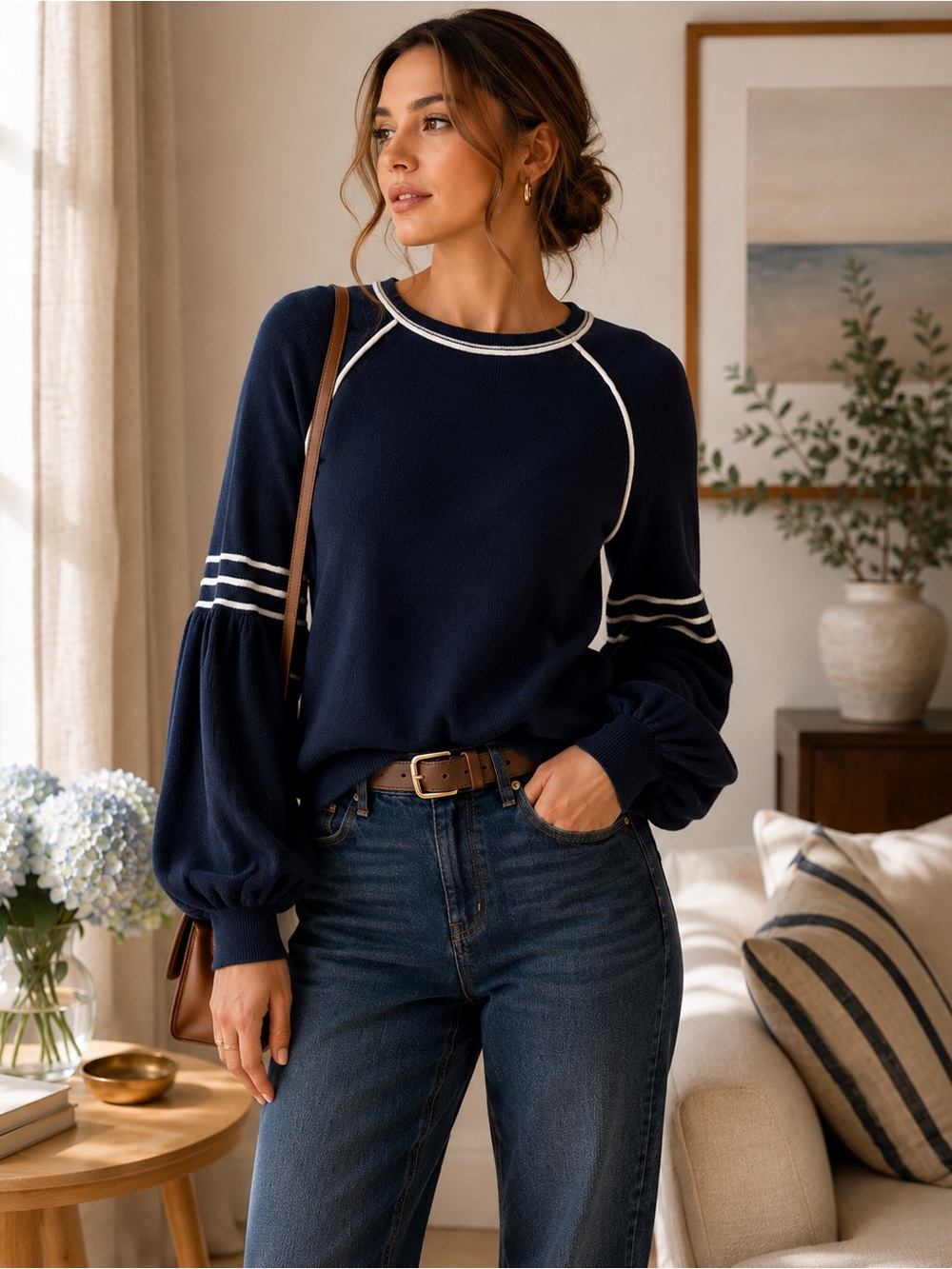 White + Warren Navy Cotton Balloon Sleeve Sweater Contrast Trim Size S